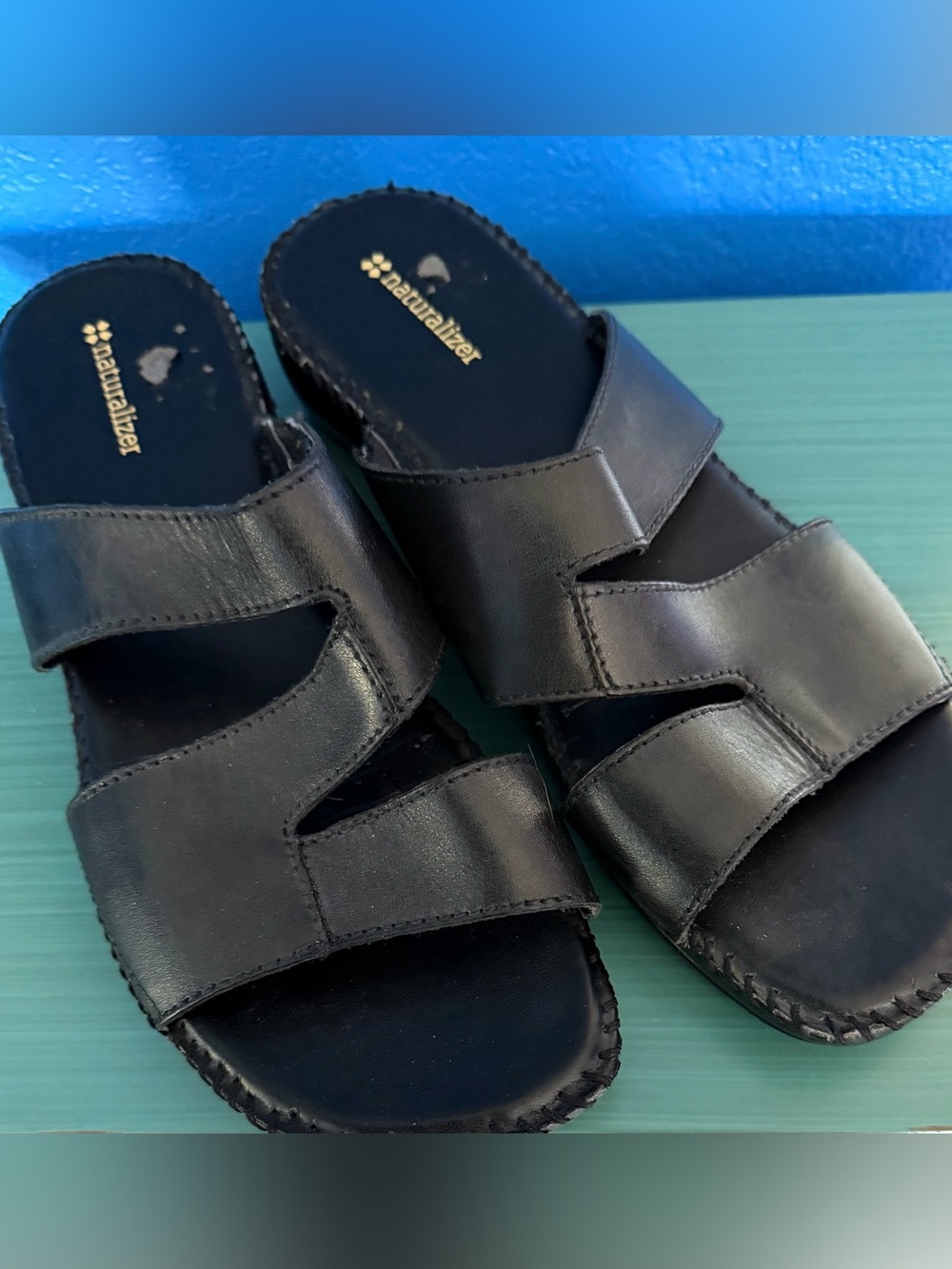 Naturalizer Black Leather Double-Strap Slide Sandals